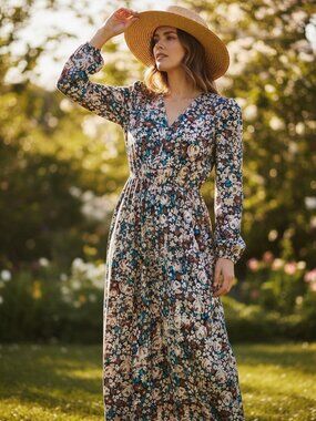 Floral Cottage Core Long Maxi Dress Women's L Long Sleeve Lightweight Side Vent